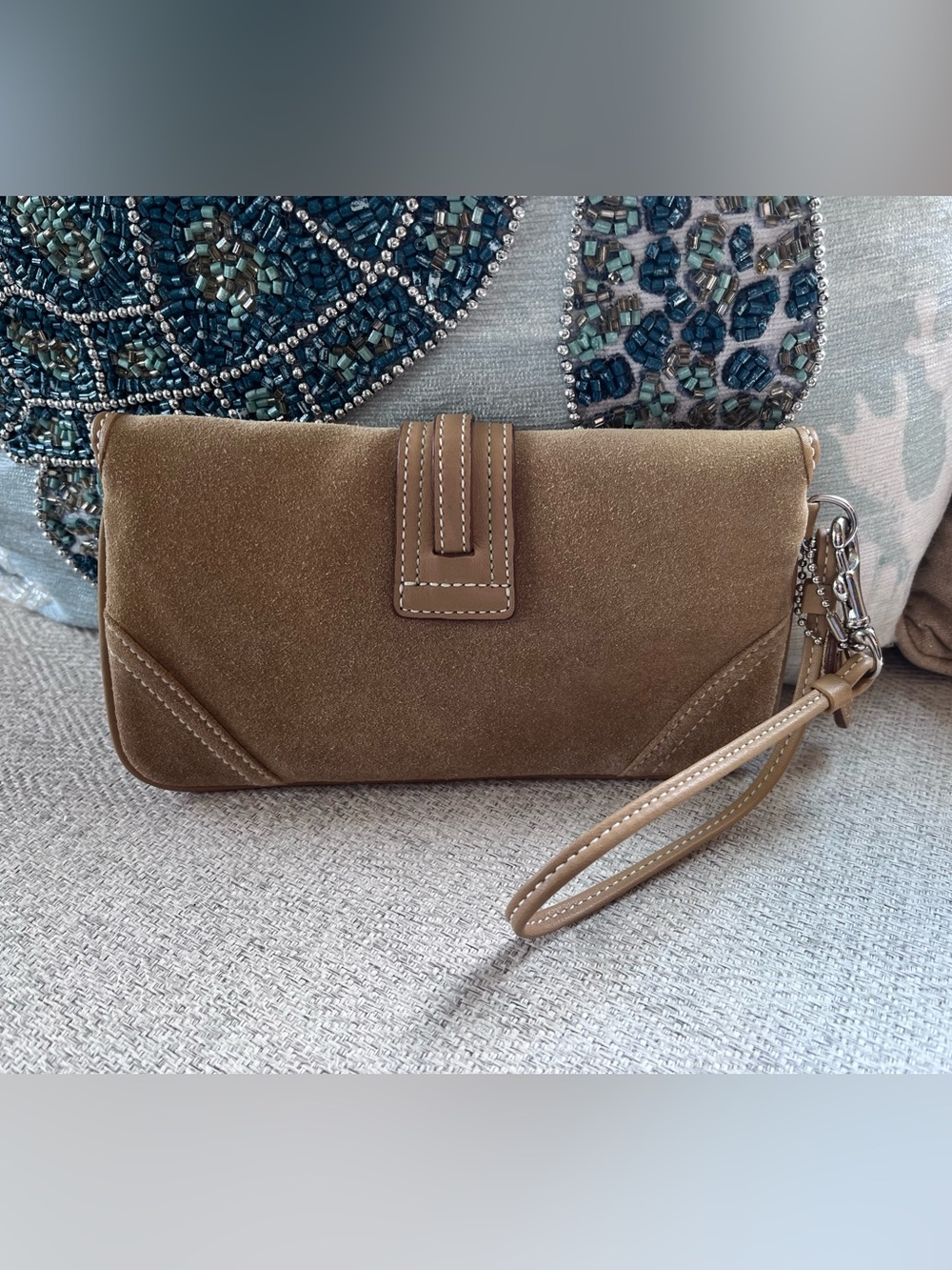 Coach Suede Wristlet Clutch in Tan - Picture 2 of 4